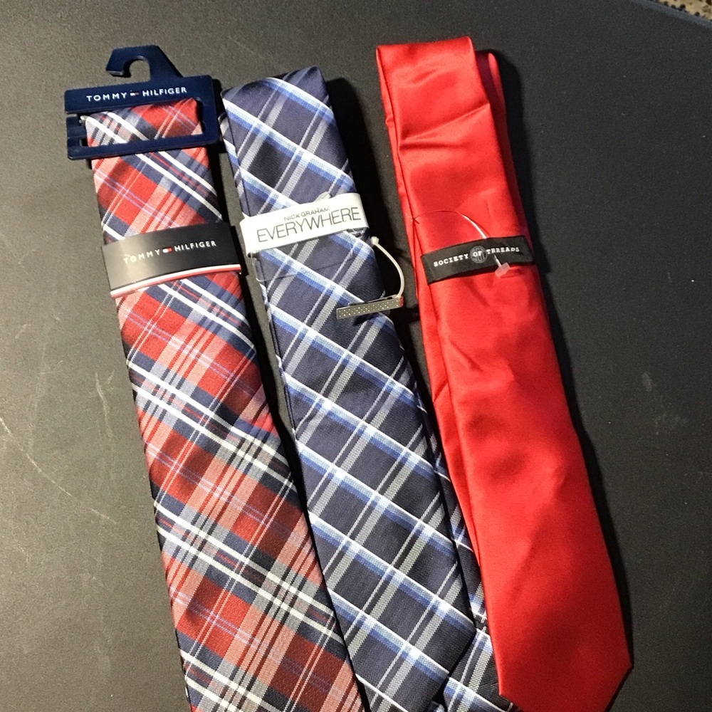 Tommy Hilfiger Red and Blue Plaid Tie Collection Bundle of 3
